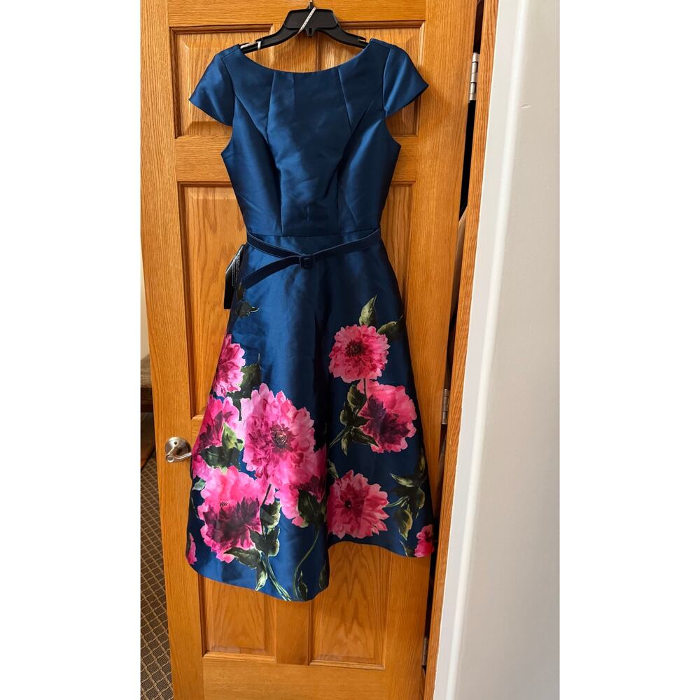 Kay Unger Ina Belted Midi Cocktail Dress - Dark Ink/french rose 6 - Picture 3 of 9